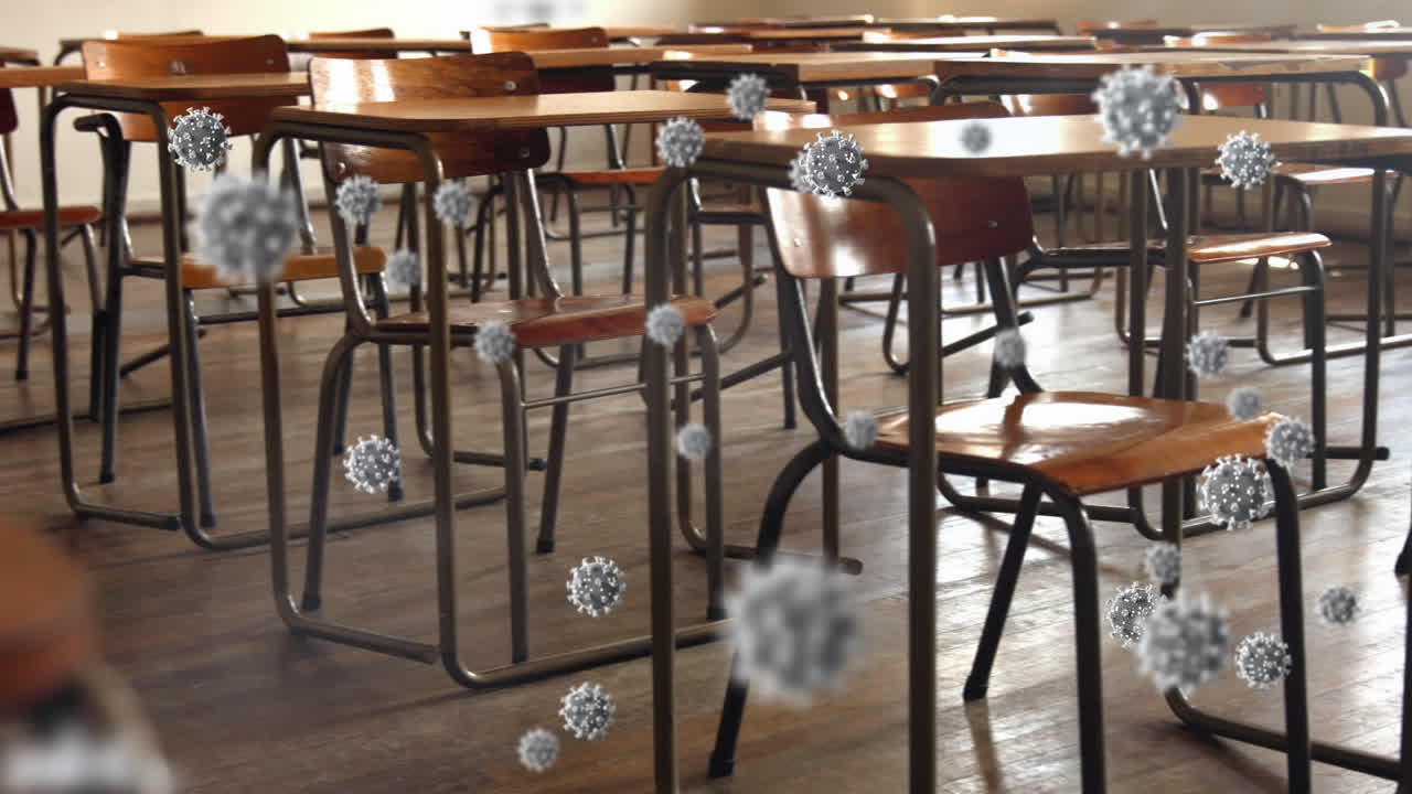 Animazione di cellule di coronavirus su un'aula vuota