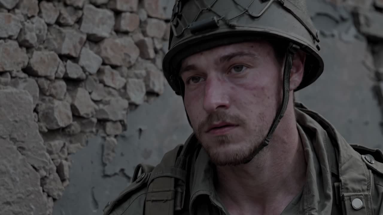 Depressed soldier sitting on ruins contemplating loss and destruction after a battle, under a dark and cloudy sky, expressing grief and despair
