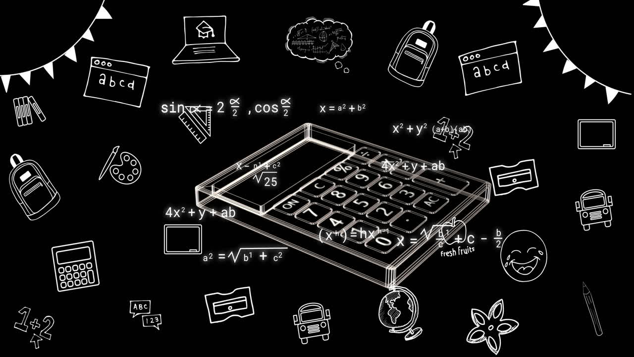 Animation of calculator and business icons over black background