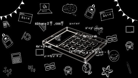 animation of calculator and business icons over black background