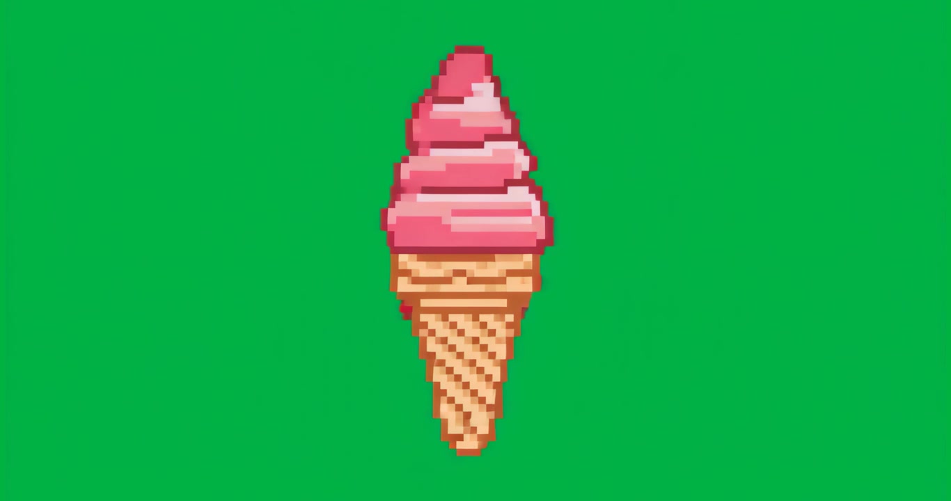 Apparendo, un cono gelato soft rosa in pixel art che gira mostrando un motivo a goccia su campo trasparente.