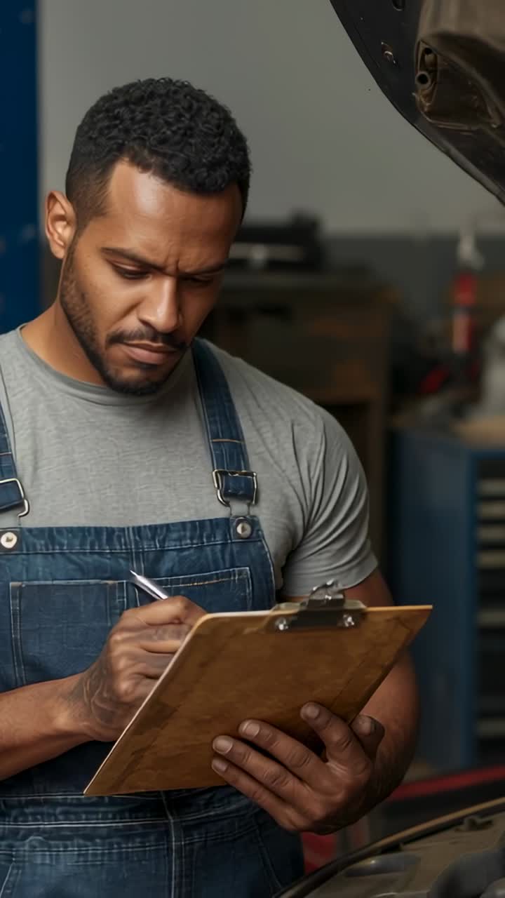 Vertical video: Mechanic verifying engine in workshop and recording inspection notes on clipboard