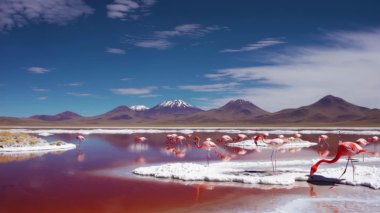 Flamingos in a Pink Lake with Mountains in the Background