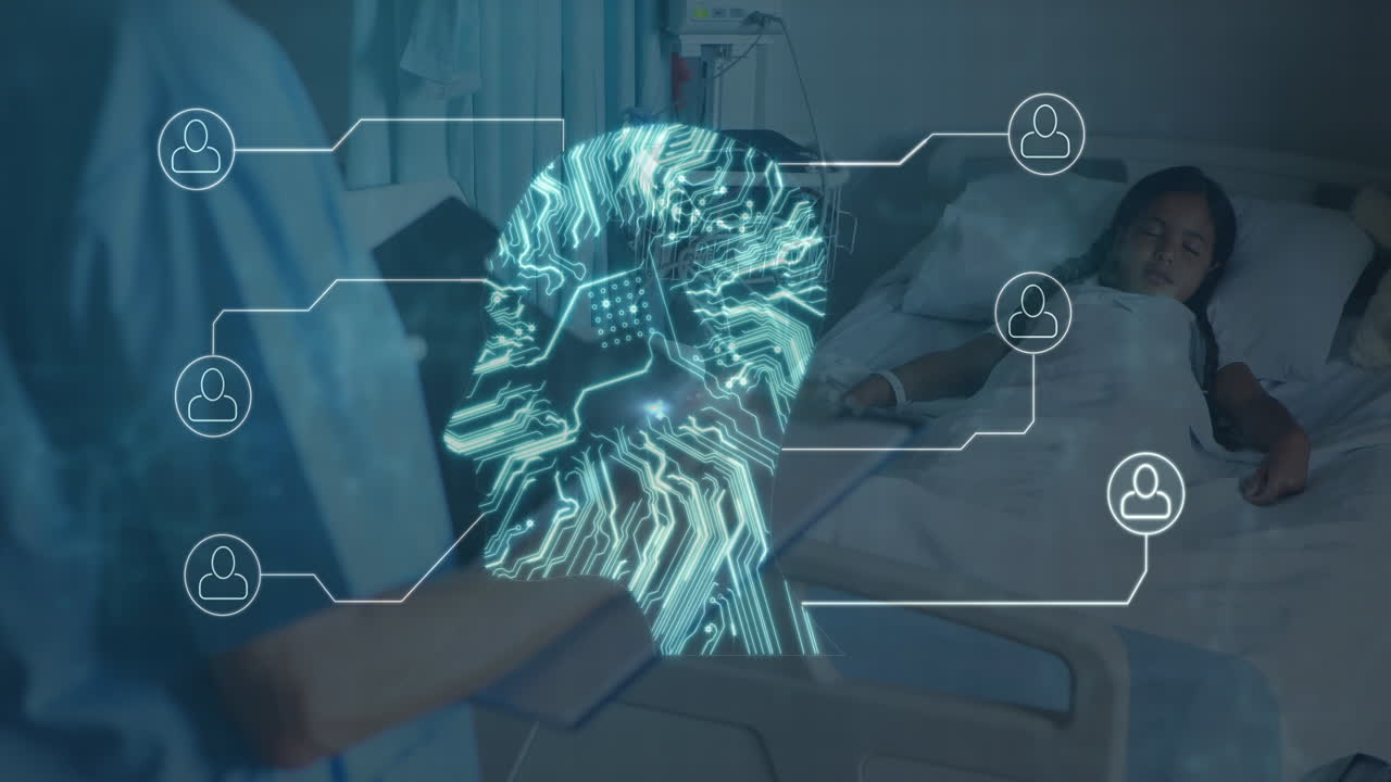 Animazione di rete di connessioni e circuito stampato di computer su medico e paziente diversi