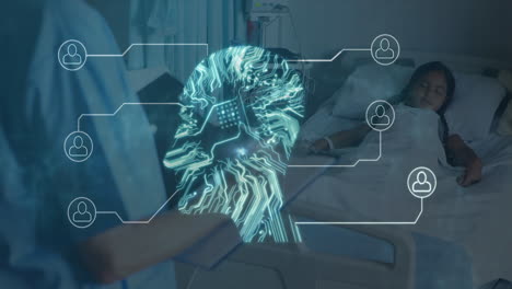 animación de la red de conexiones y placa de circuito de computadora sobre diversos médicos y pacientes
