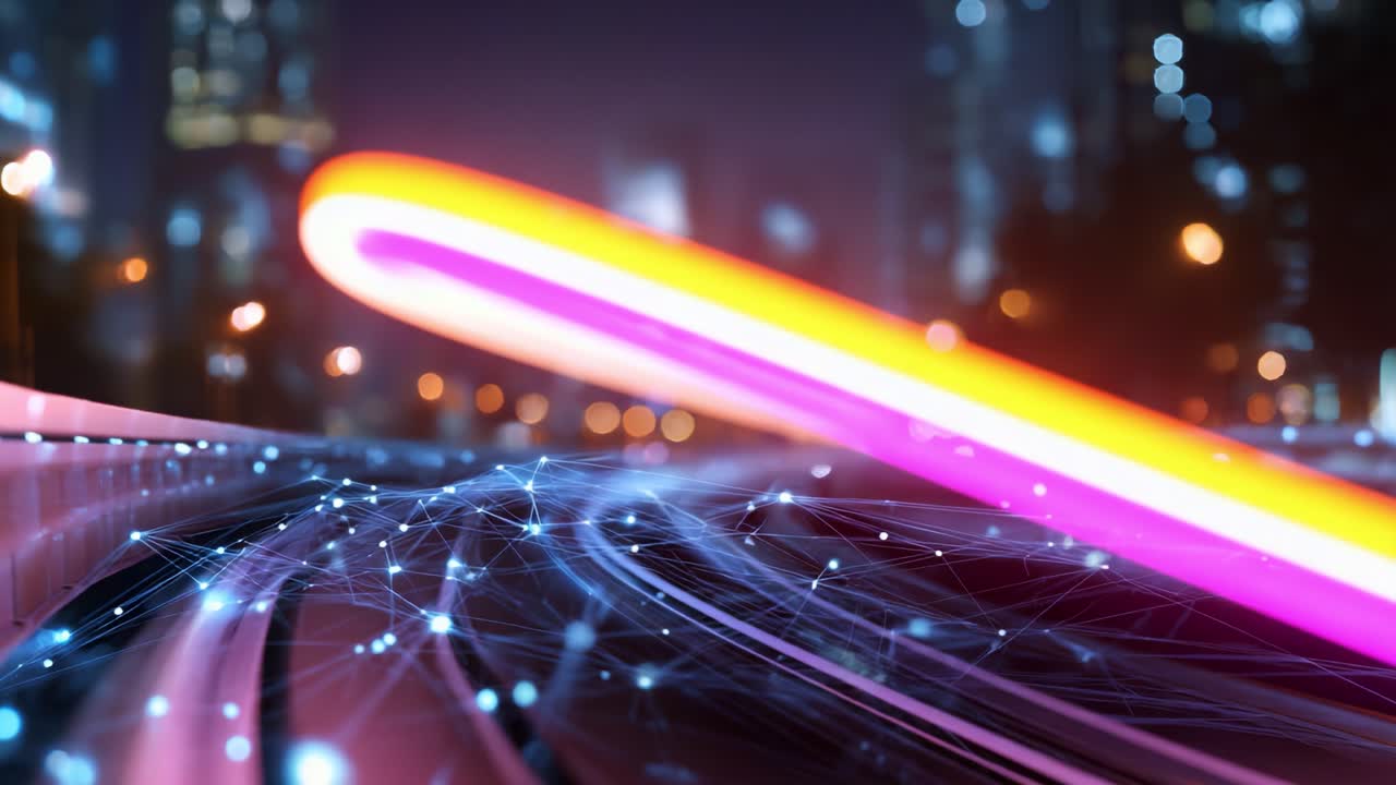 Scie luminose dinamiche e connessioni di rete astratte in un vivace paesaggio urbano notturno che mostrano la moderna innovazione urbana e la tecnologia