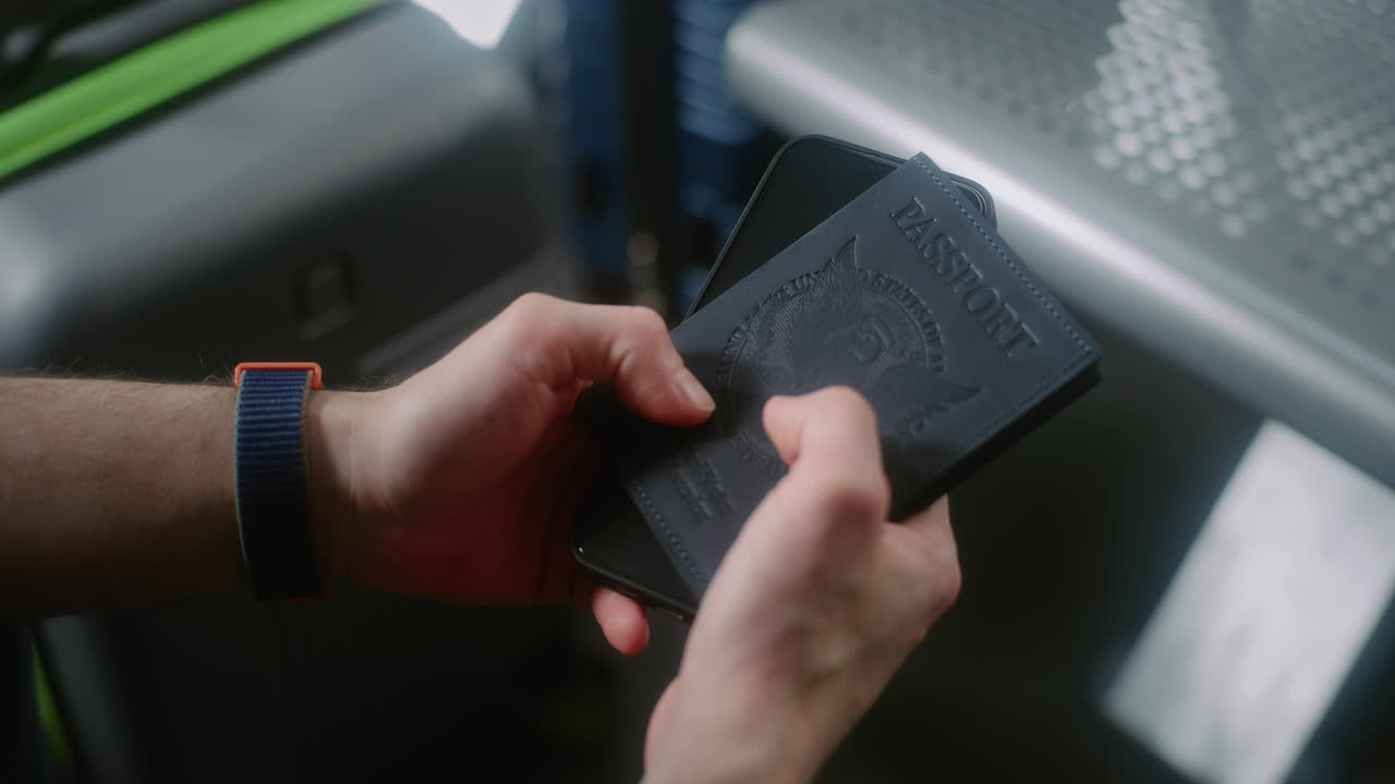Person holding a passport and smartphone at an airport.
