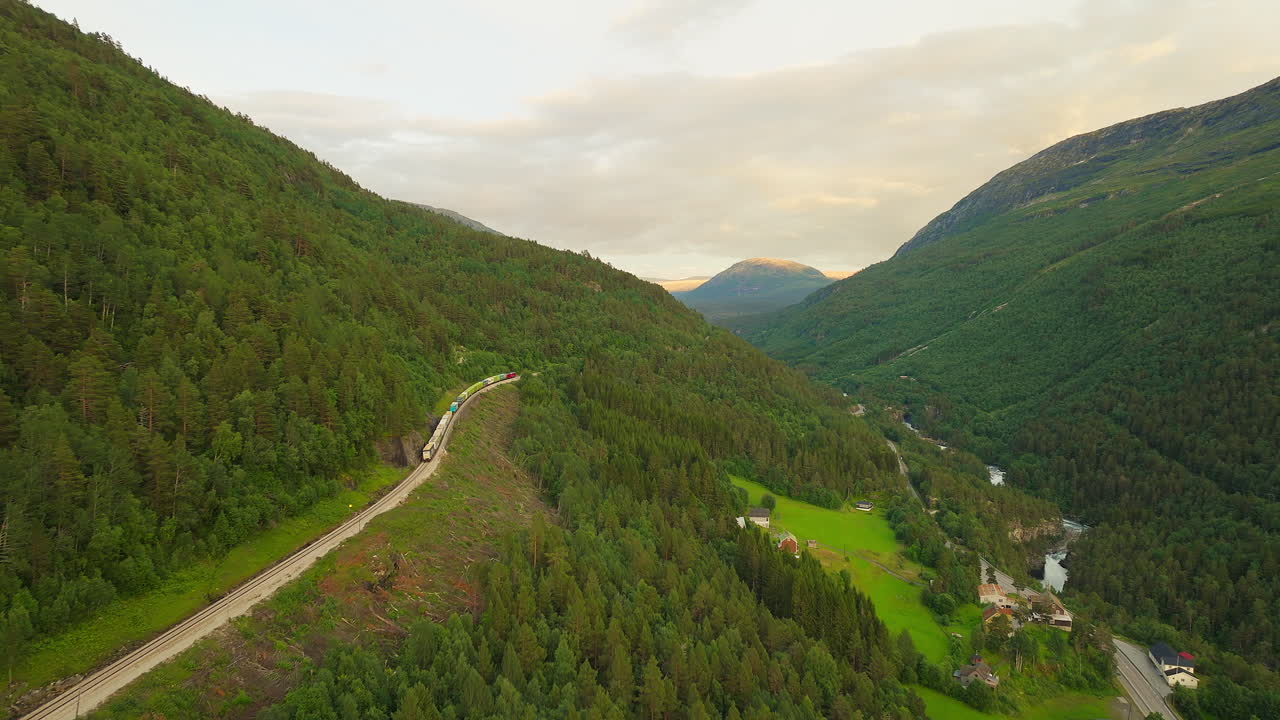 un tren de carga en vías a lo largo de la frondosa ladera del valle de romsdalen, noruega