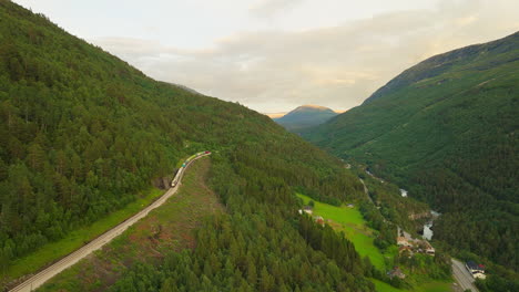 Cargo-train-on-track-along-lush-mountainside-of-Romsdalen-valley,-Norway