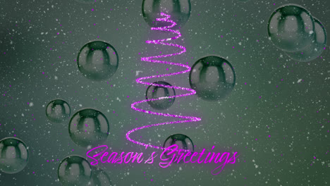 Animation-of-snow-falling-over-season's-greetings-text-and-christmas-tree-formed-with-shooting-star