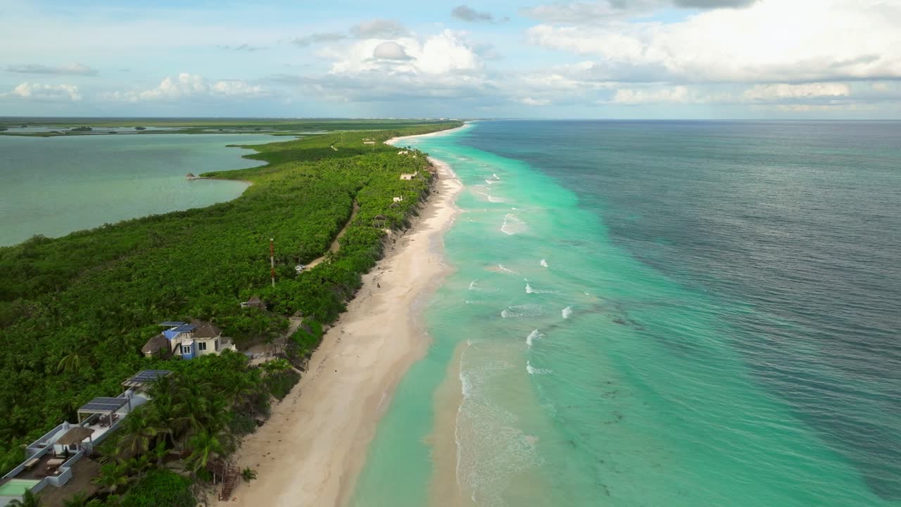 Establishing Aerial drone fly Tulúm Beach Mexican natural reserve and exotic resorts