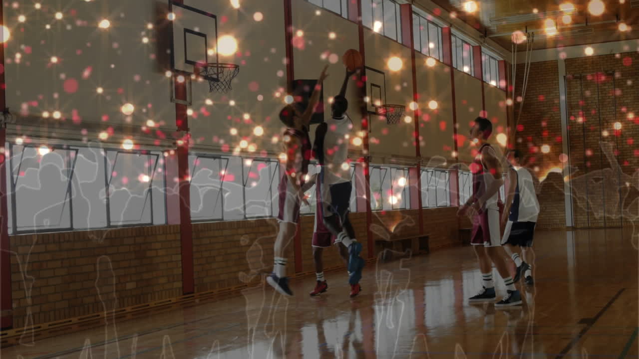 In gymnasium, basketball players in action with glowing animation effects