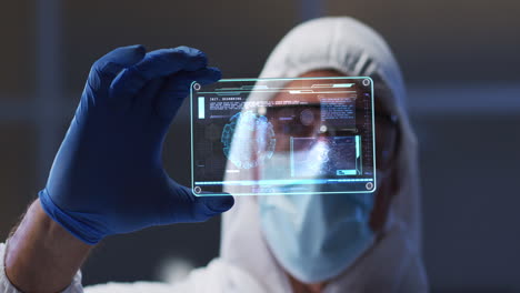 animation of male scientist holding interactive screen with medical data processing