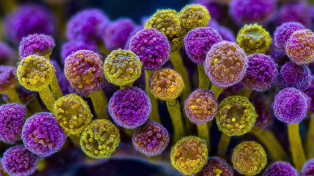Magnified View of Colorful Fungal Spores, Showcasing Vibrant Purple and Yellow Hues on Delicate Stems, Illustrating Nature's Intricate Microcosm