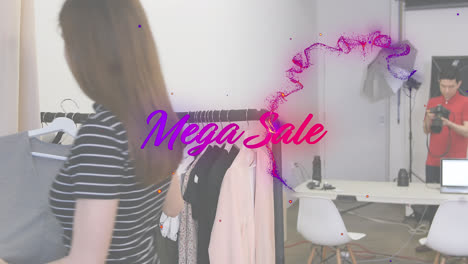 animation of mega sale text clothes on hangers and woman