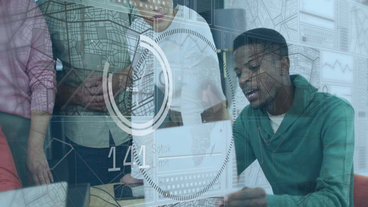 In this video, we see a group of business people discussing work in a modern office