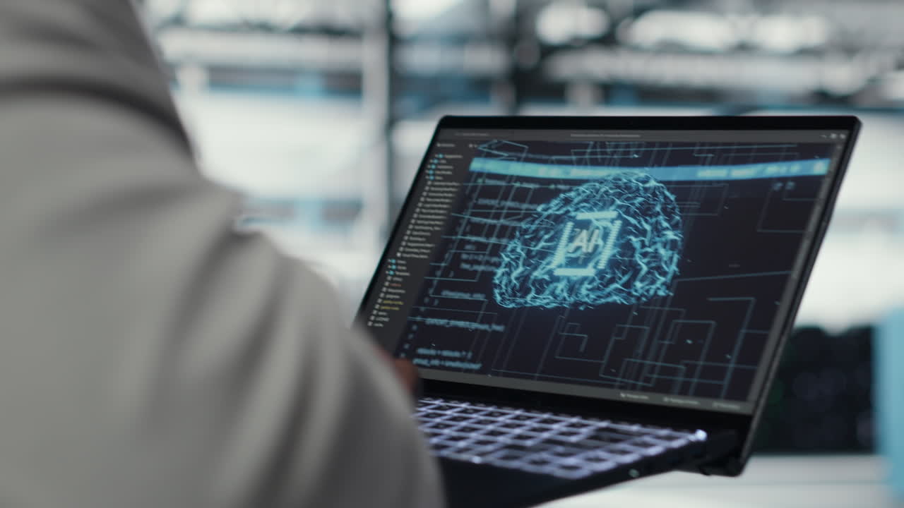 Vertical video Close up of data center engineer doing IT maintenance tasks using AI technology