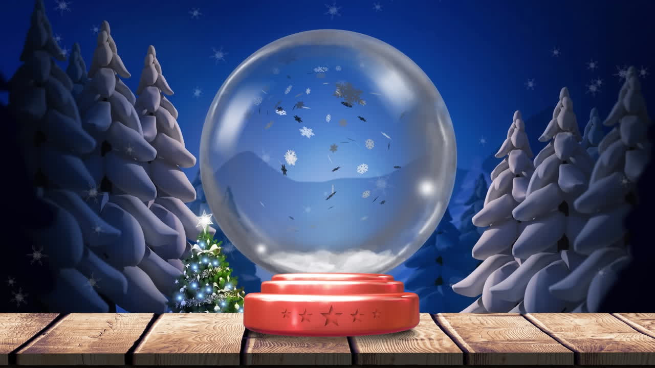 animación del globo de nieve de navidad con nieve cayendo en el paisaje de invierno por la noche