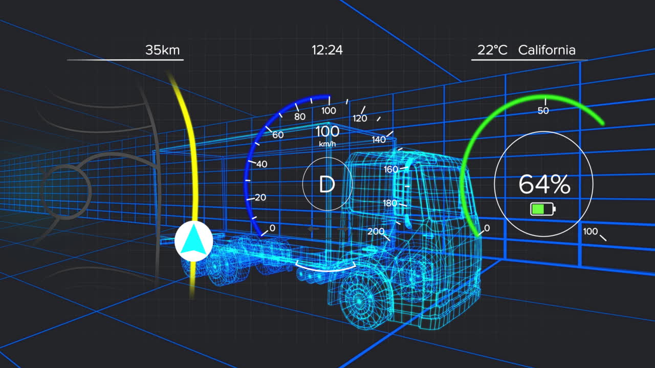 Semirimorchio wireframe che viaggia attraverso una griglia 3D, visualizzando tachimetro, batteria, percorso di navigazione.