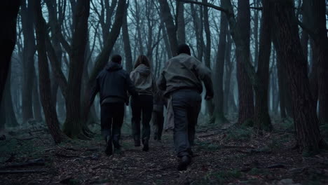 people running through a foggy forest