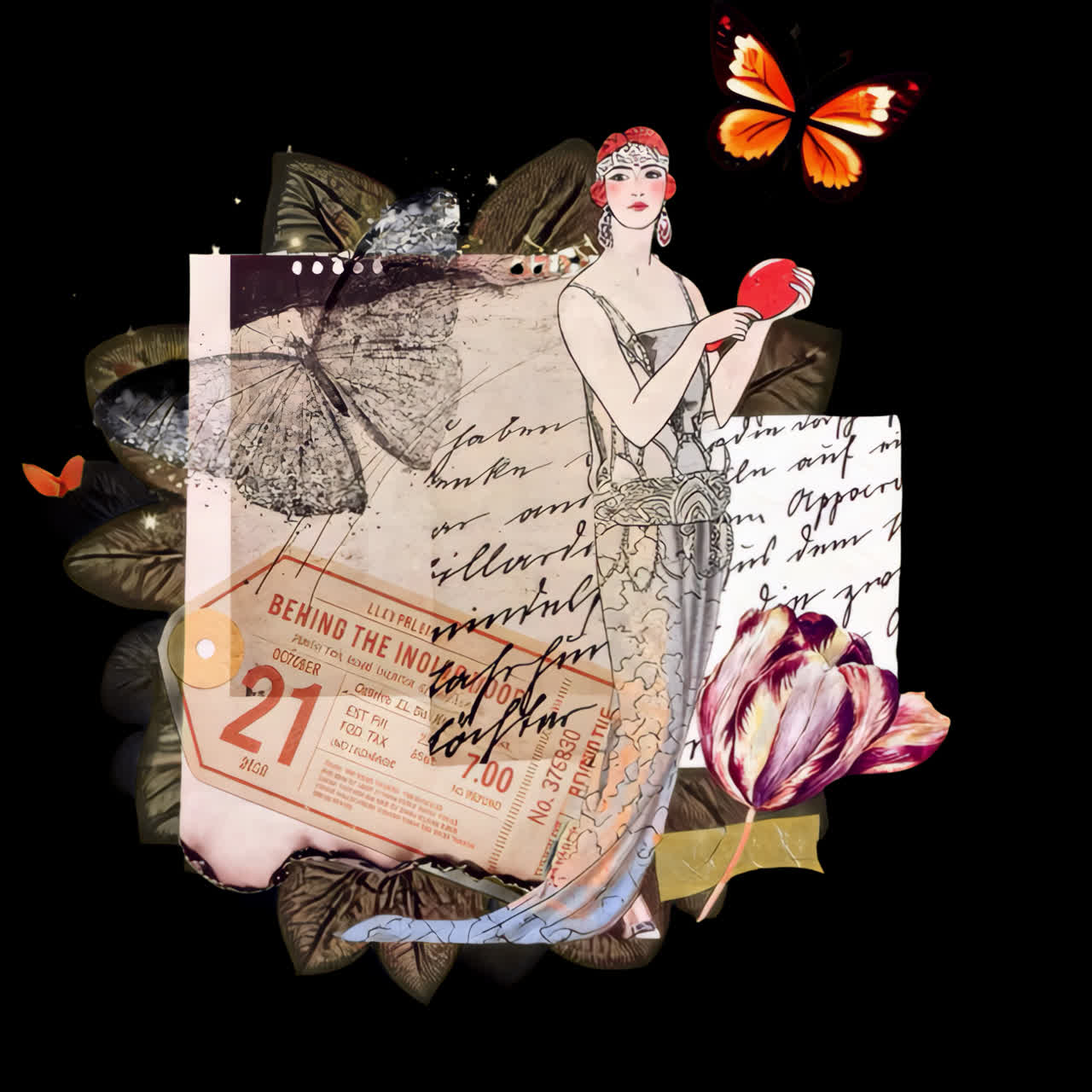 Vintage collage elegance animated overlay, transparent 4K video, alpha channel, ProRes 4444