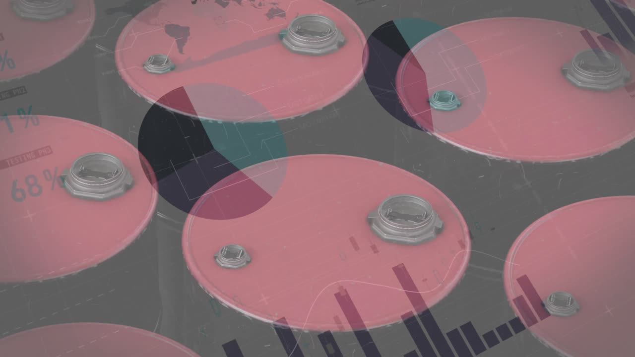 animación del procesamiento de datos financieros y estadísticas sobre barriles de gasolina rojos