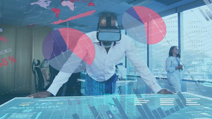 Digital composite video of financial data processing with interface icons against man wearing vr