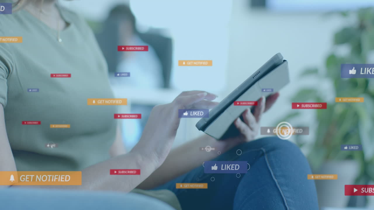 Social media notifications processing over biracial casual businessman using tablet