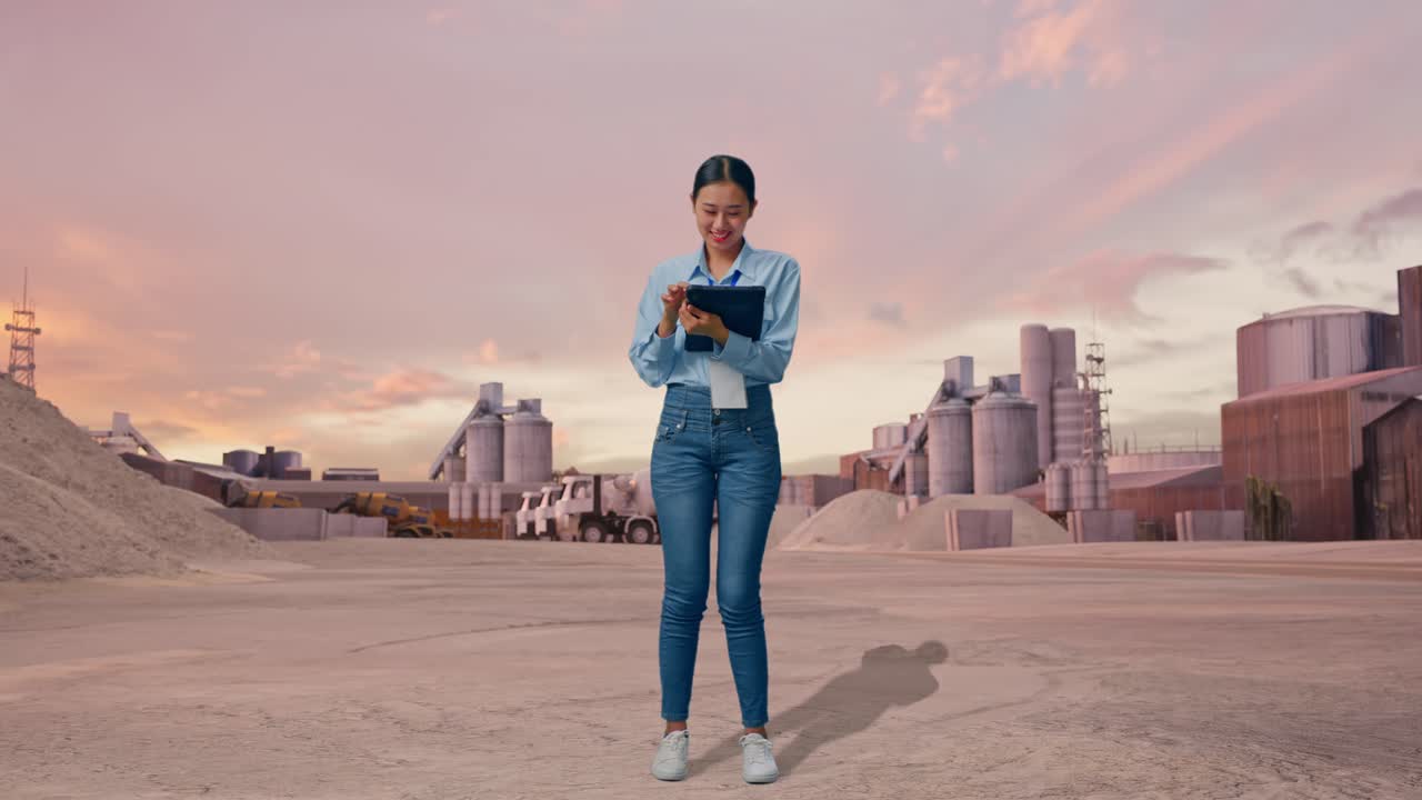 Full Body Of Asian Female With Her Tablet at Industrial Cement Plant at Sunset, Typing On Her Tablet'S Keybaord With Meditation