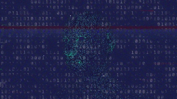 Animation of binary coding and spots on blue background