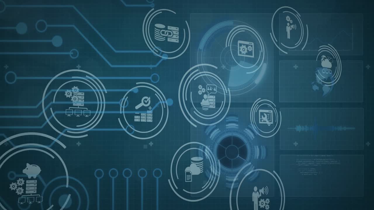 Animation of network of digital icons over scopes scanning and globe on screens