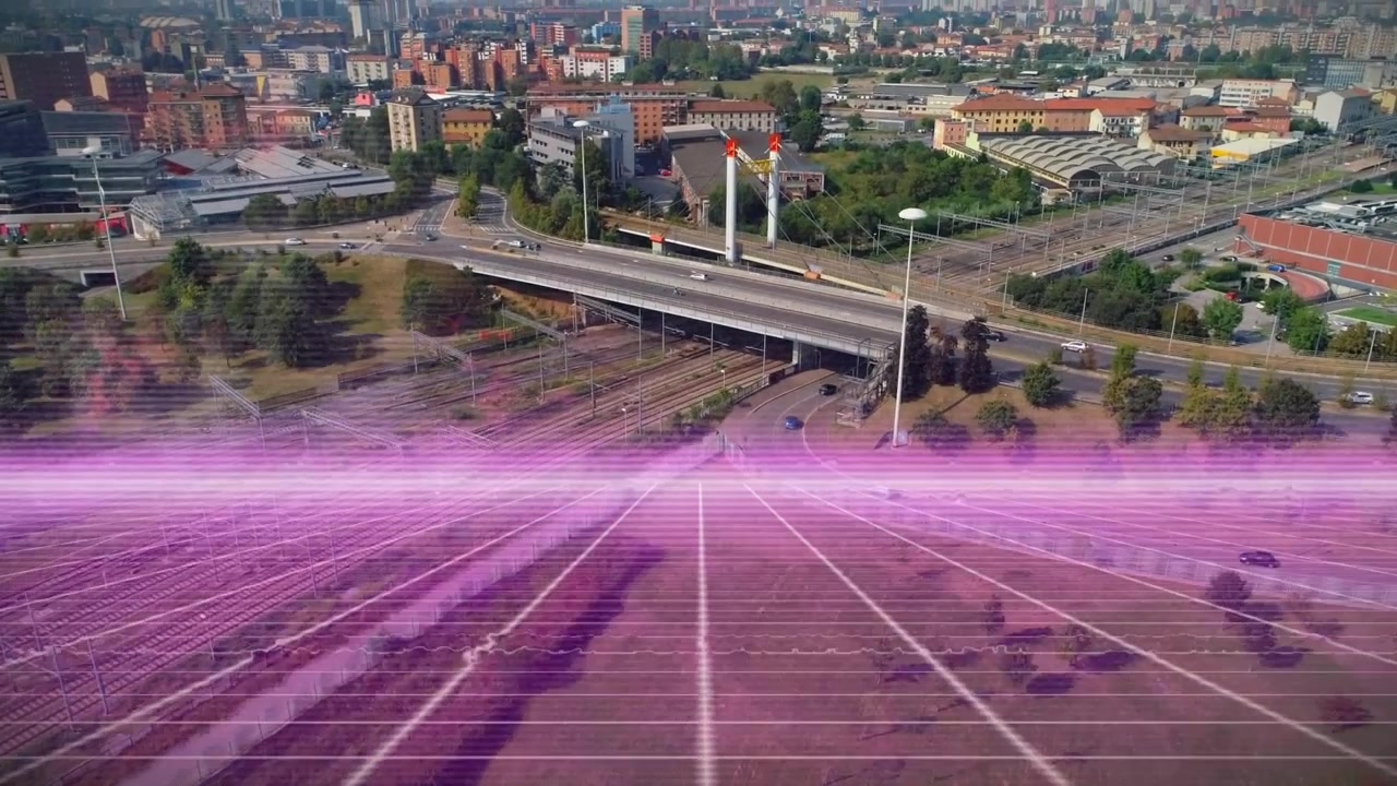 Şehir Manzarası Üzerinde Mor Dijital Alan Animasyonu