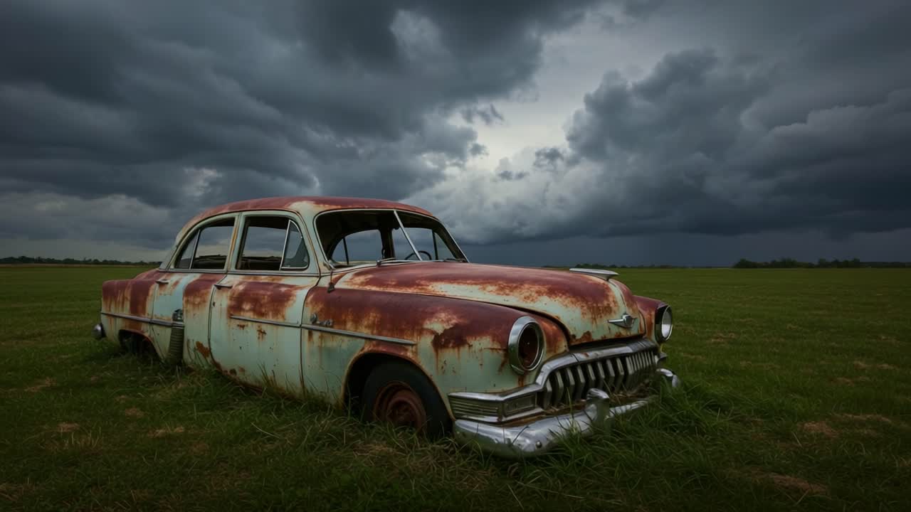 A weathered vintage car sits abandoned in a field, surrounded by dramatic storm clouds, showcasing its rusty exterior and nostalgic design amidst nature's elements