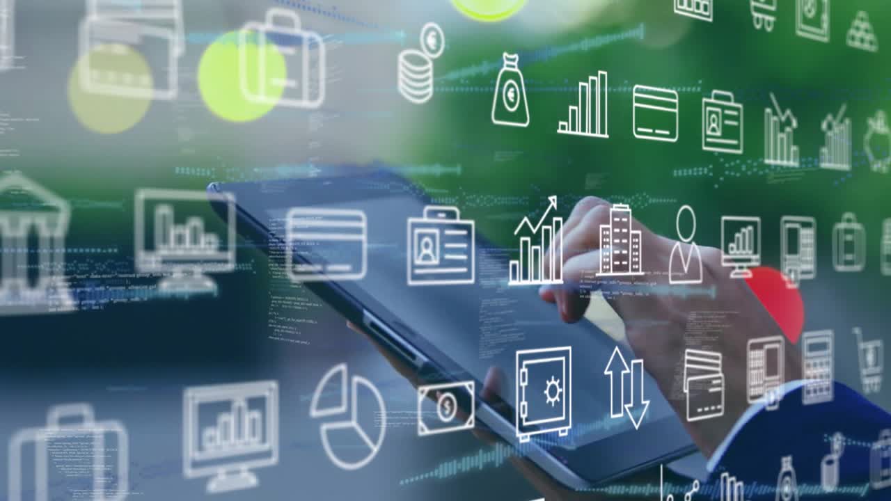 Woman tapping and swiping tablet outdoors starting animated finance icons while reviewing accounts
