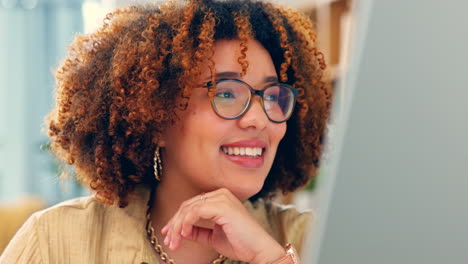 Black-woman,-face-and-computer,-reading-and-smile