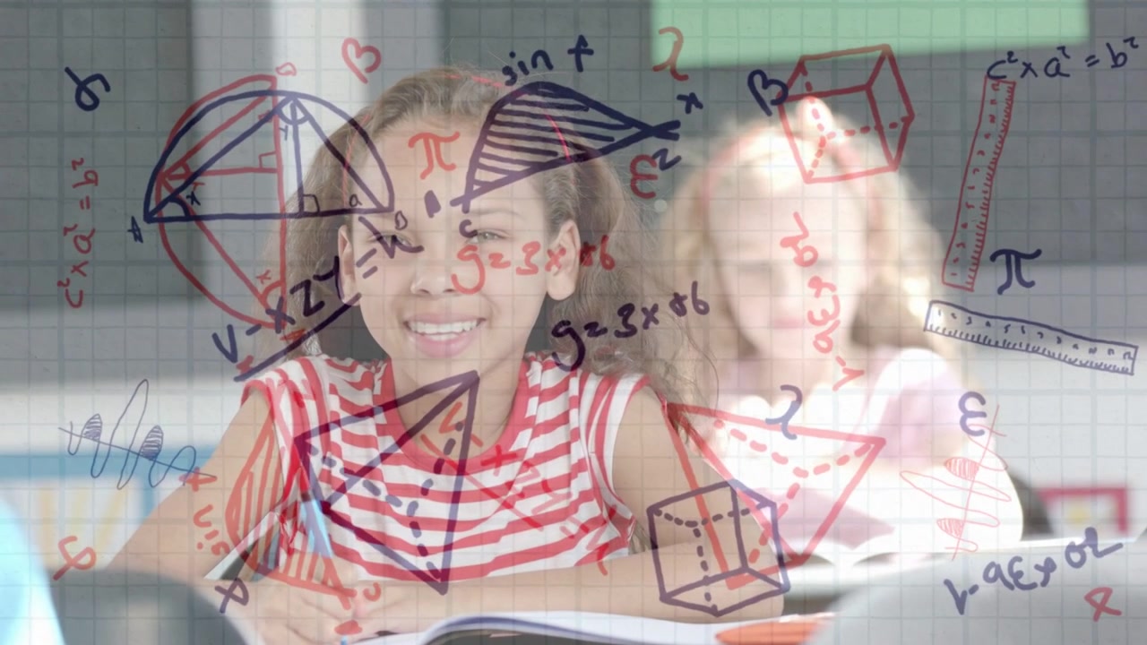 Menina escrevendo, pausando e levantando a cabeça, sorrindo com um insight matemático enquanto uma sobreposição tênue conecta estudantes.