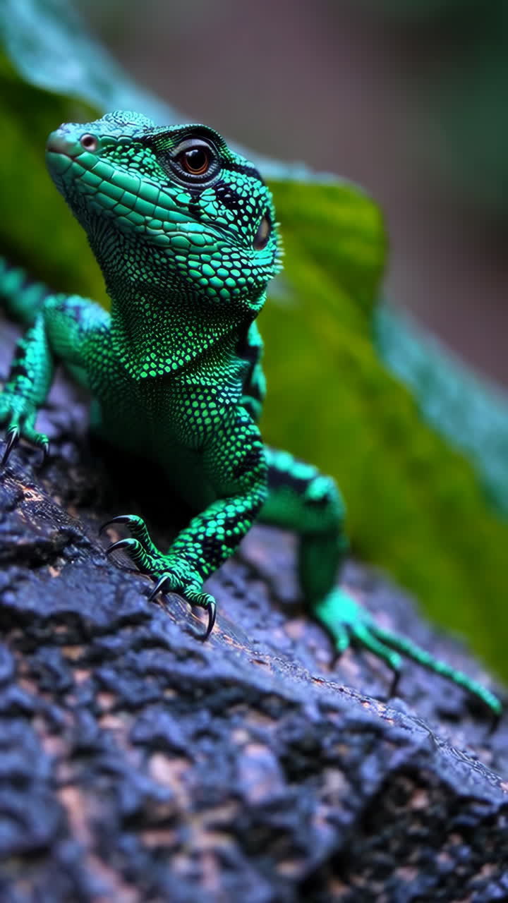 Close-up of a vibrant green lizard