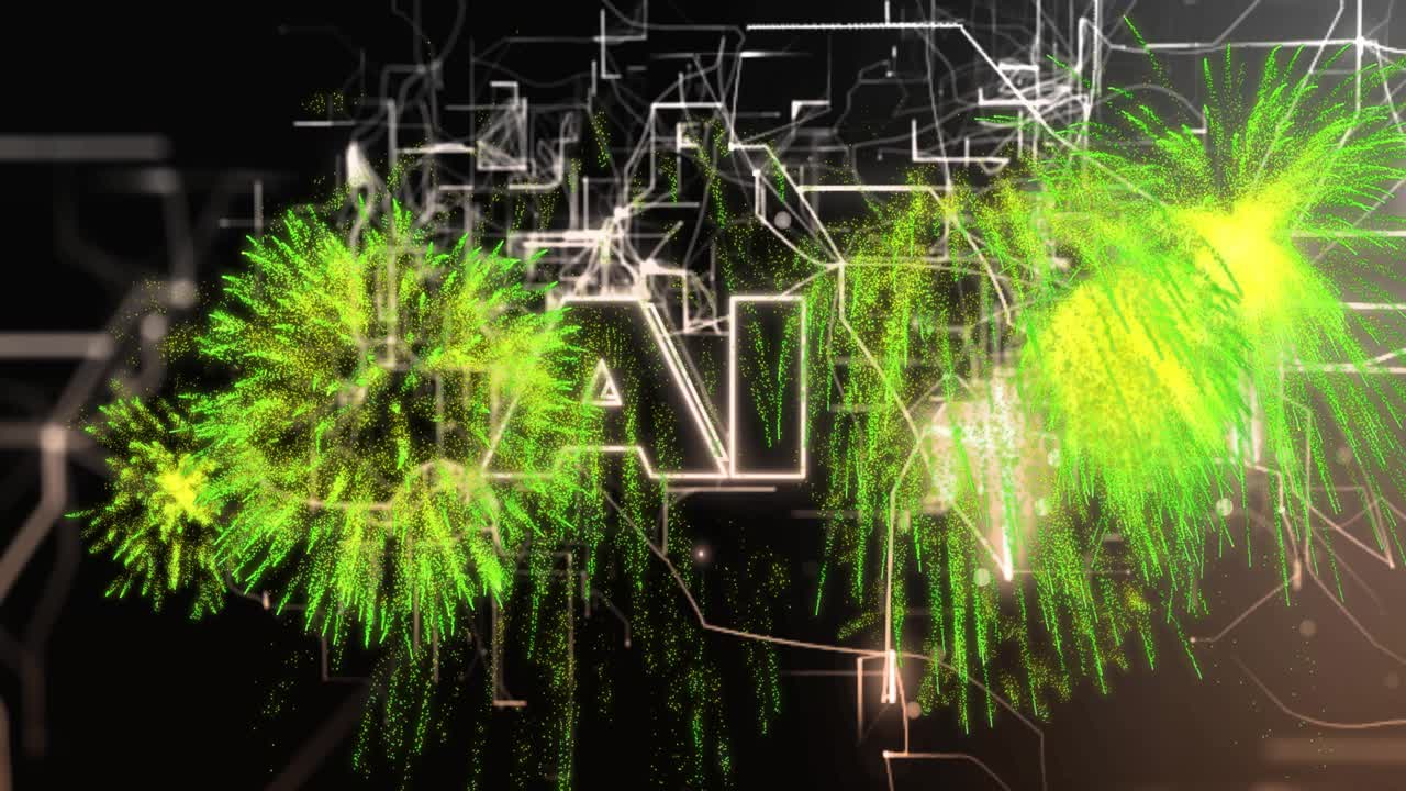 Linee di rete sfarfallanti, esplosioni verde neon che si accendono e si fondono, tracciando le lettere A e I luminose.