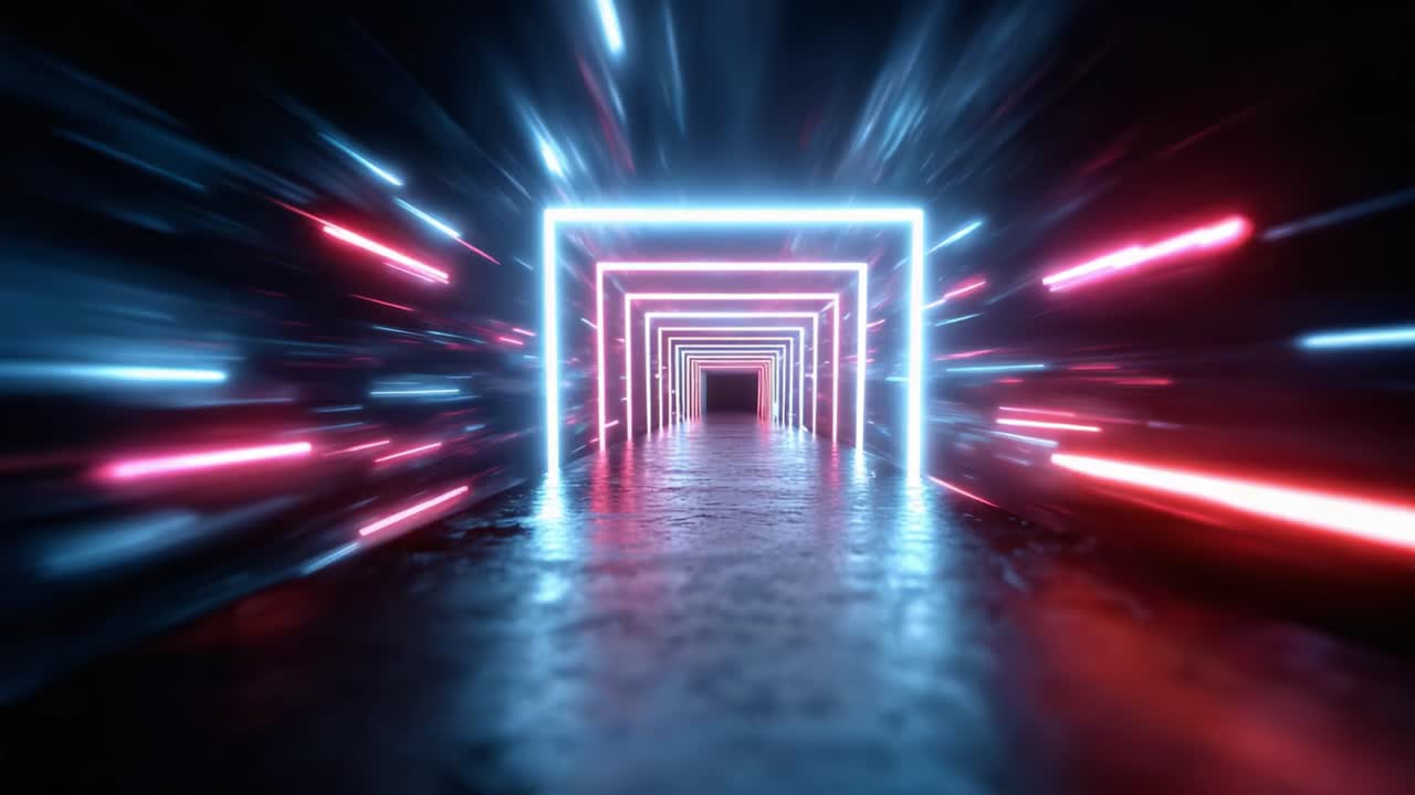 A Mystical Journey Through an Illuminated Tunnel: An Exploration of Neon Lights and Reflections Creating a Dynamic Visual Experience