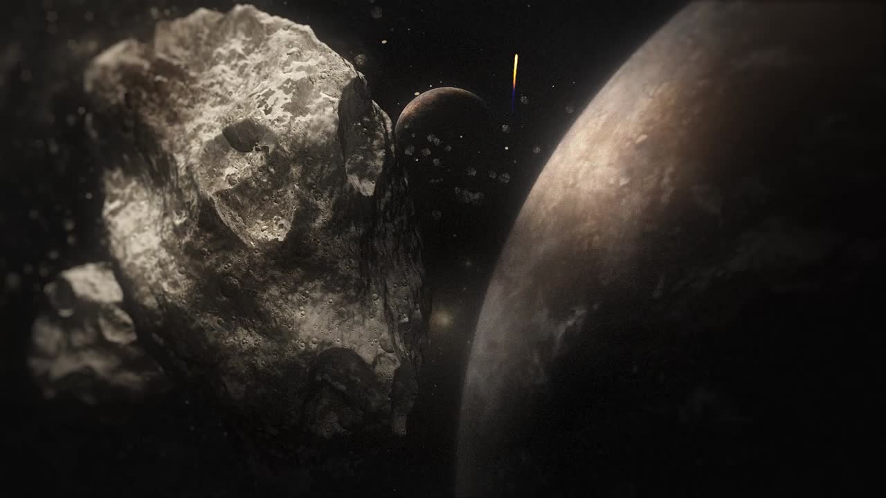 Dramaattinen näkymä planeetoista ja asteroidista ulkoavaruudessa