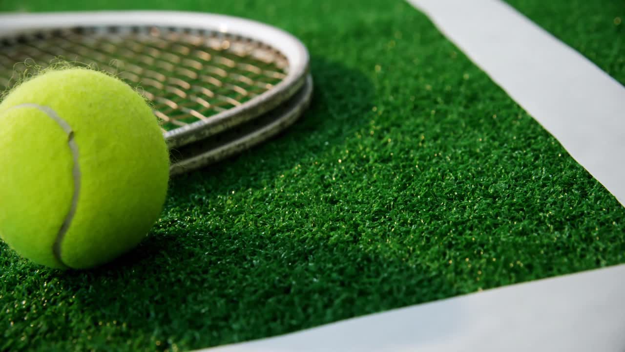 Premium stock video - Close-up of tennis ball and racket near white line 4k