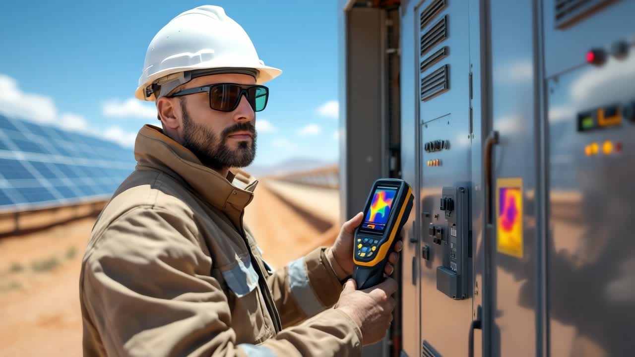 Technician checking solar panel condition with thermal imaging camera, detecting potential issues during renewable energy system maintenance