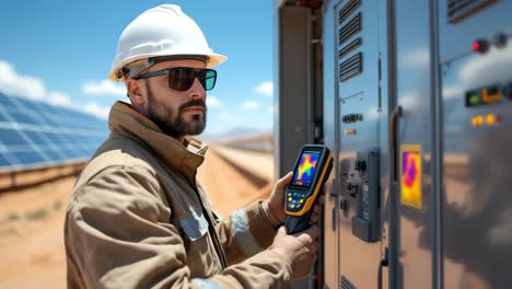 technician checking solar panel condition with thermal imaging camera, detecting potential issues during renewable energy system maintenance