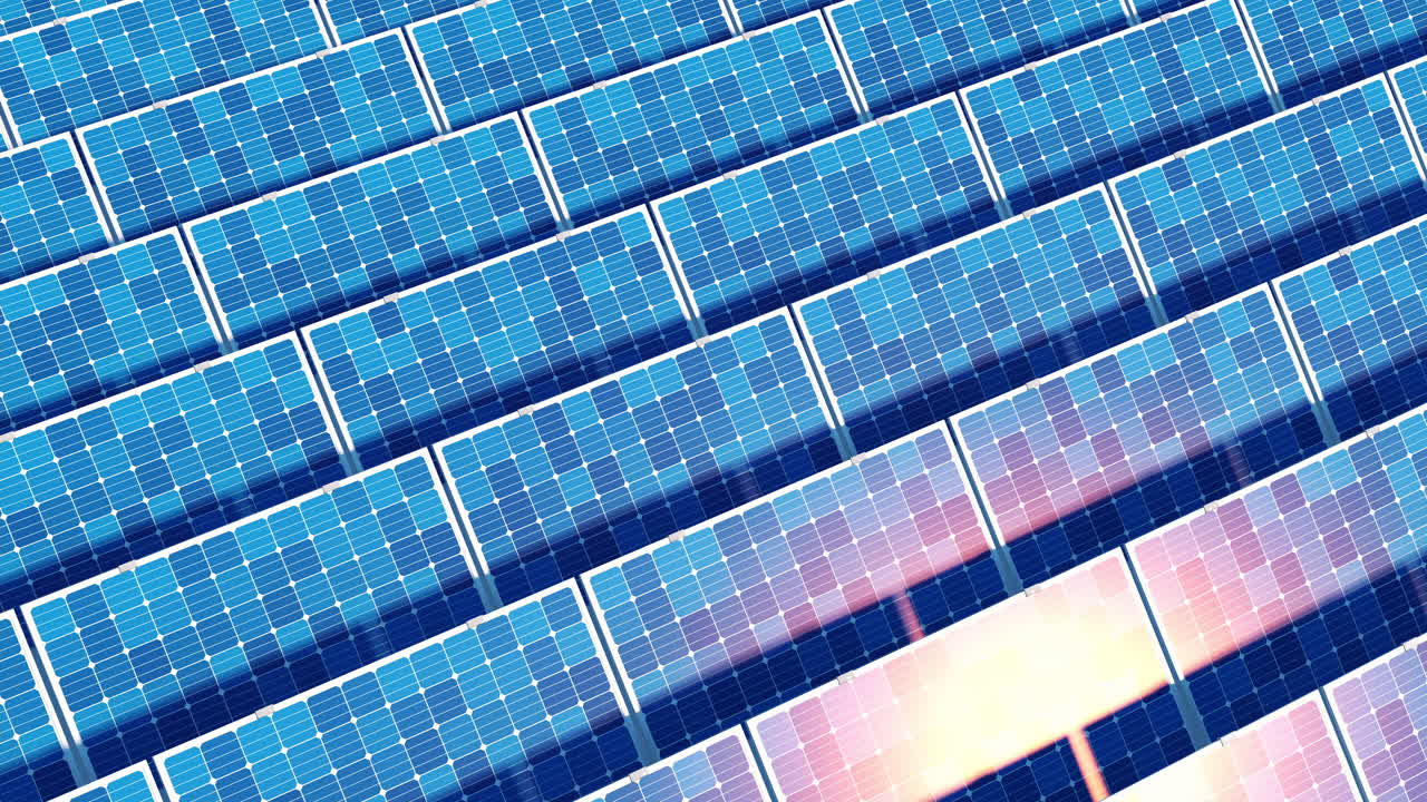 태양광 패널에 빛나는 태양 에너지 개념, 3d 렌더링