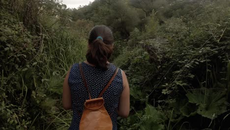 back view of a young girl walking in a rain forest footpath