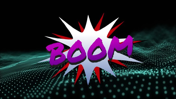 Animation af "boom"-tekst over grønne prikker på sort baggrund