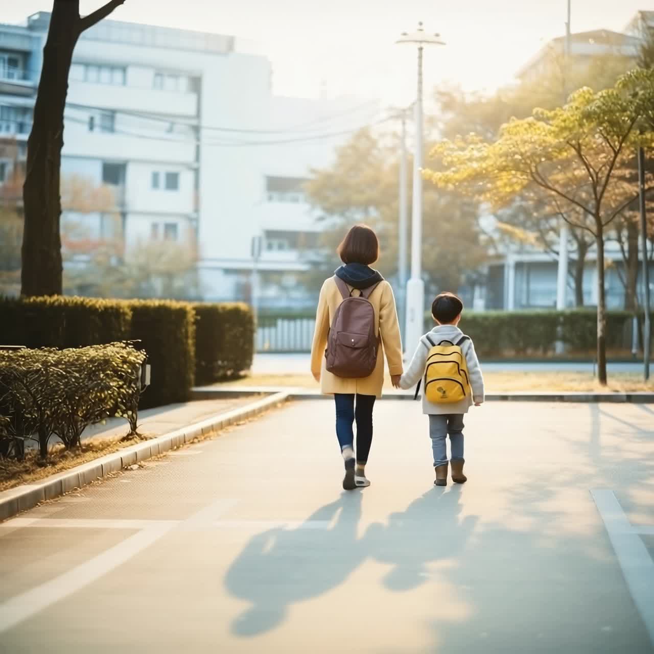 A warm, backlit video scene captures a mother and child walking hand in hand on a sunlit street
