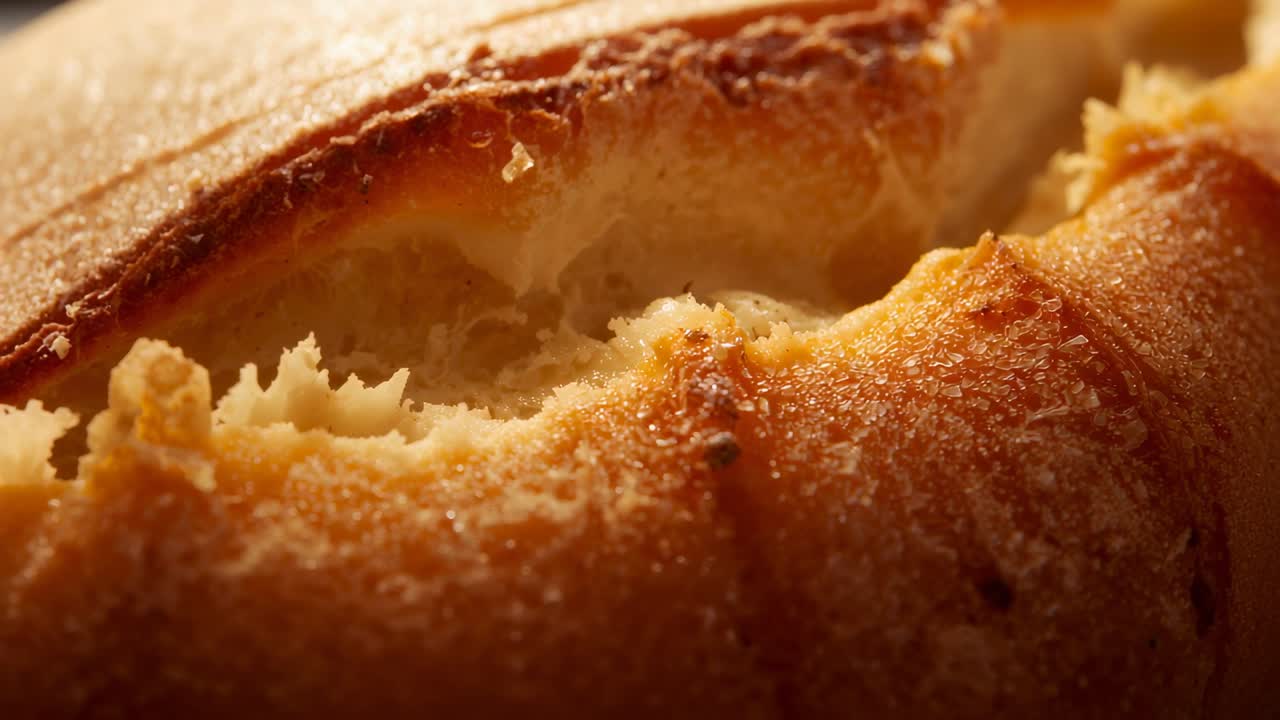 Messa a fuoco della fotocamera su una pagnotta strappata sul bancone della cucina, che mostra la consistenza della mollica e una striatura lucida.