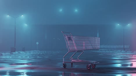 rotation of illuminated shopping trolley at abandoned foggy parking space