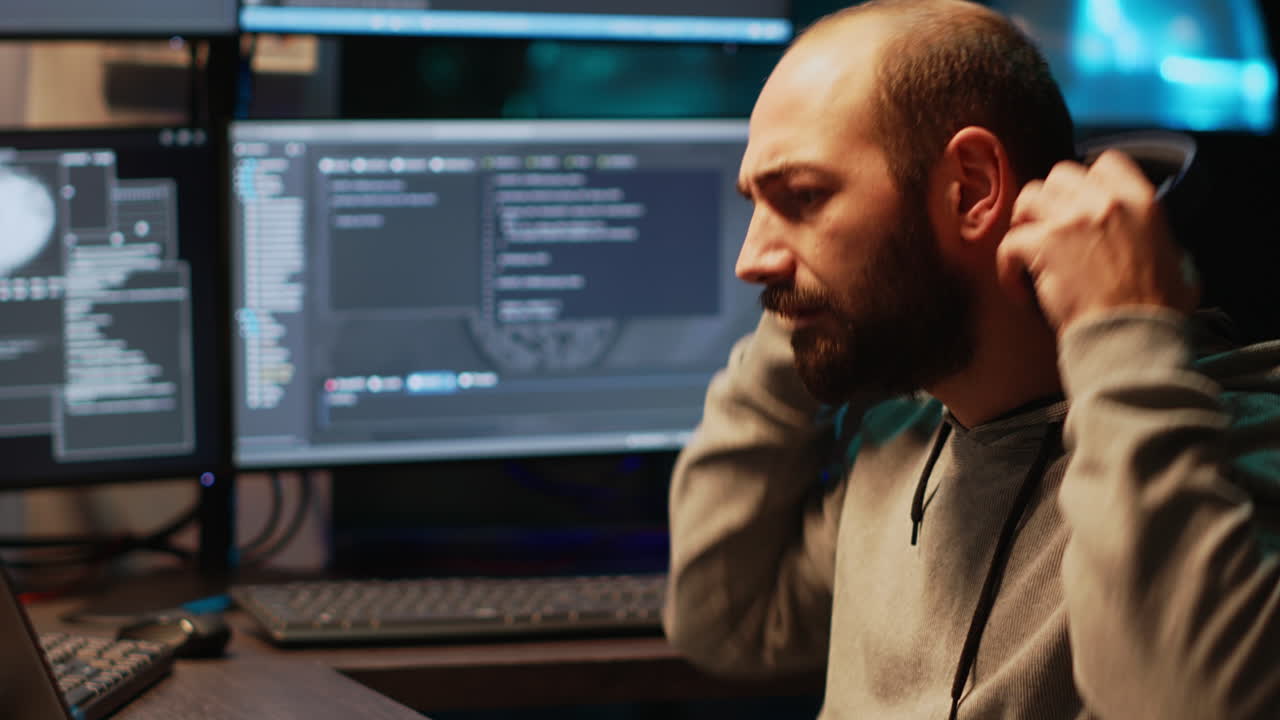 Man working as programmer in dark office
